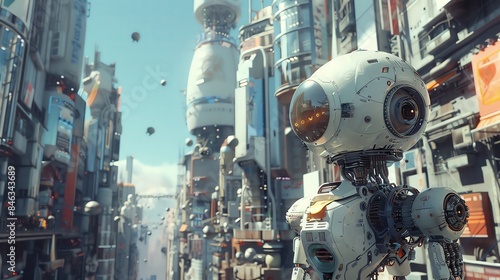 A futuristic city with a robot in the foreground, surrounded by tall buildings and flying objects.