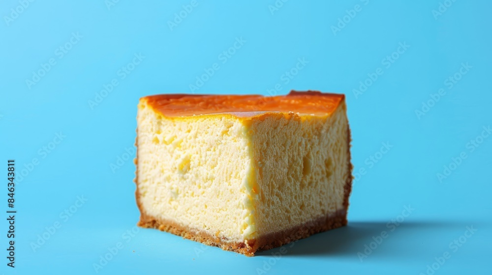 Close-up of cheesecake slice against blue backdrop, bite missing from top Close-up of cheesecake slice against blue backdrop, bite missing from top