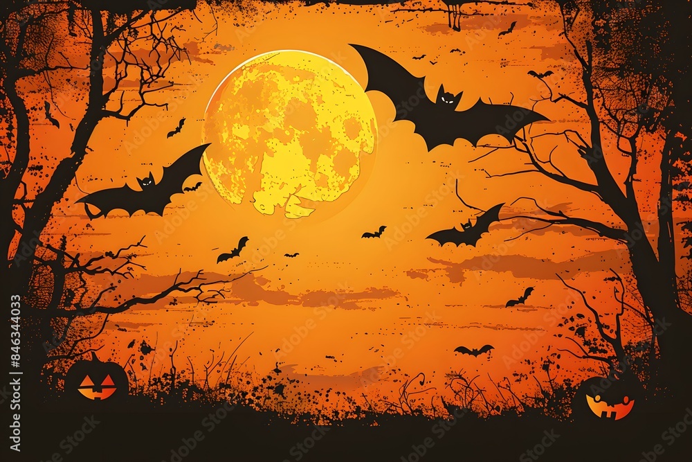 Halloween Night Scene with Full Moon, Flying Bats, and Jack-o'-Lantern Pumpkins for Spooky Celebrations Halloween Night Scene with Full Moon, Flying Bats, and Jack-o'-Lantern Pumpkins for Spooky Celebrations