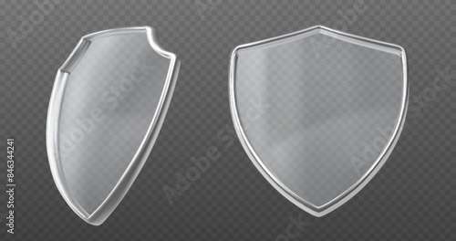 Transparent white glass shield with silver metal border front and side angle view. Realistic 3d vector illustration set of protect and guard symbol. Crystal cover badge. Acrylic secure object.