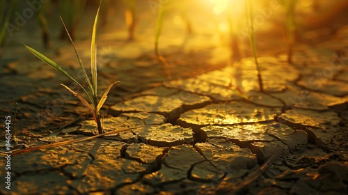 a close-up of a single rice grain with a harsh, icy light shining on it, creating a lengthy shadow on a fissured wasteland. Compare this to a vivid rice field full with golden photo