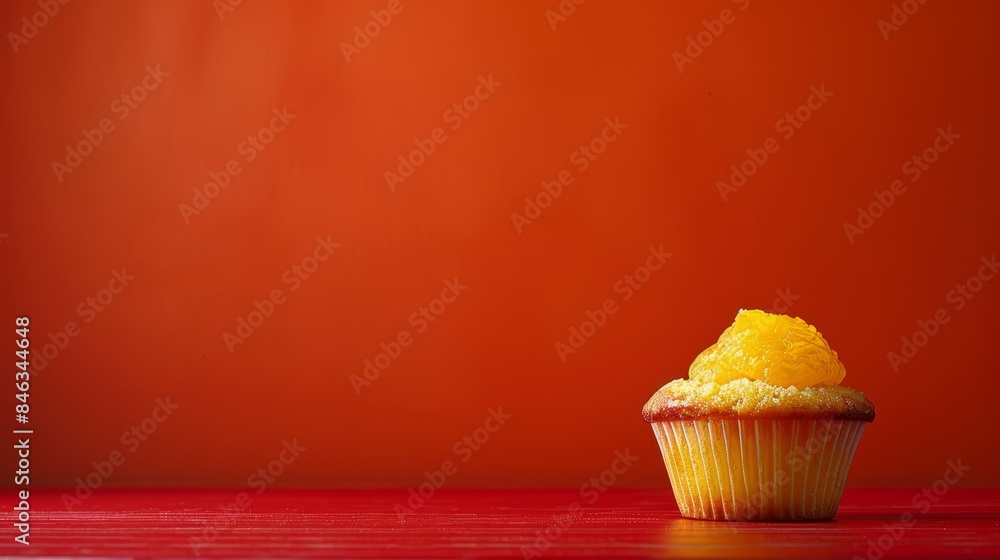 A red table holds a cupcake with icing, surrounded by a red wall in the background A red table holds a cupcake with icing, surrounded by a red wall in the background