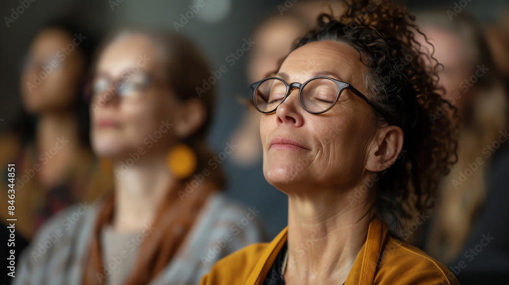 Woman does a breathing exercise together with other course participants Woman does a breathing exercise together with other course participants