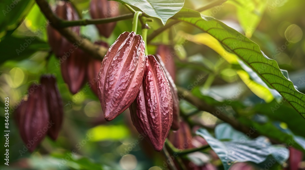 Close-Up of Ripe Cacao Pods on Tree in Tropical Plantation, Generative AI Close-Up of Ripe Cacao Pods on Tree in Tropical Plantation, Generative AI