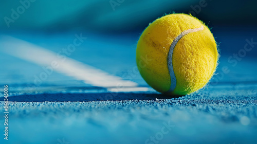 Tennis yellow ball, racket on the blue court. Sports banner. Healthy lifestyle concept photo