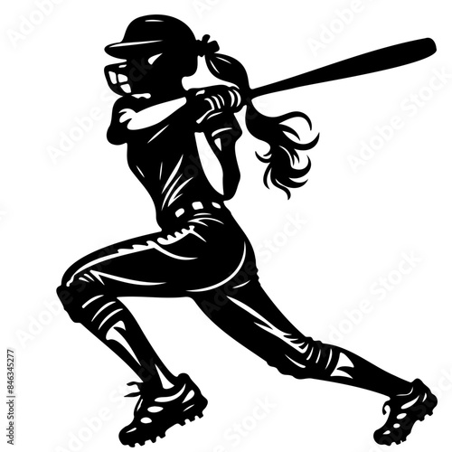 Silhouette of a female softball player in action, swinging a bat to hit the ball, showcasing athleticism and determination.