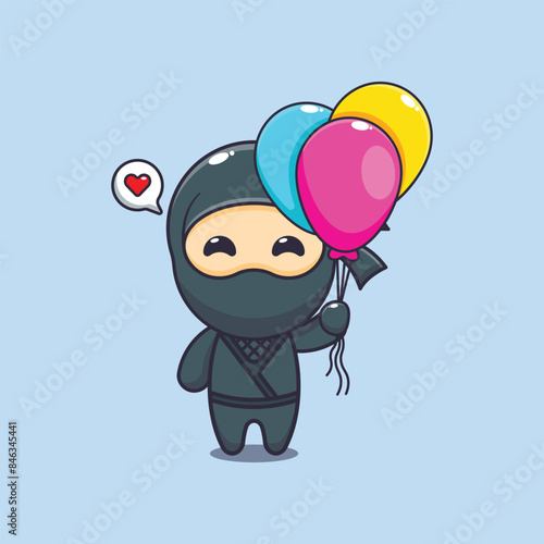 Cute ninja with balloon cartoon vector illustration