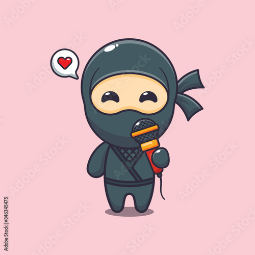 Cute ninja holding microphone cartoon vector illustration