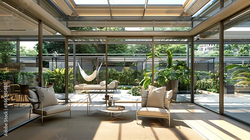 A sunroom with a contemporary aesthetic, featuring sleek furniture, glass walls, and a view of the rooftop garden through ceiling windows
