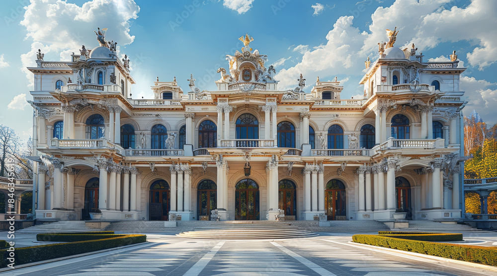 Fototapeta premium A high-end auction house, European architectural style, splendid buildings, luxurious decoration, magnificent front, huge building, pure front. Generative AI.