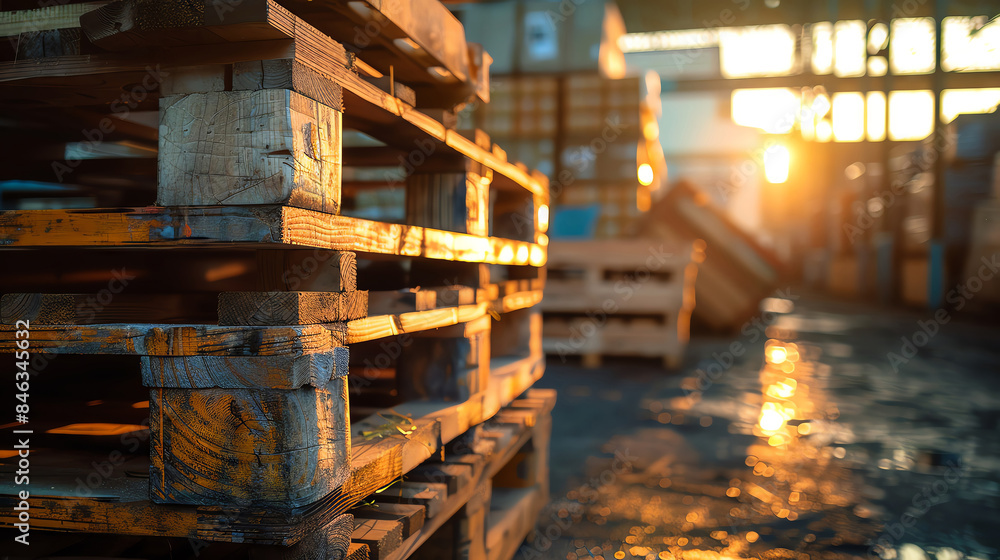 Pallets of goods, foreground focus, warehouse blur, noon light, technology style, close up Pallets of goods, foreground focus, warehouse blur, noon light, technology style, close up