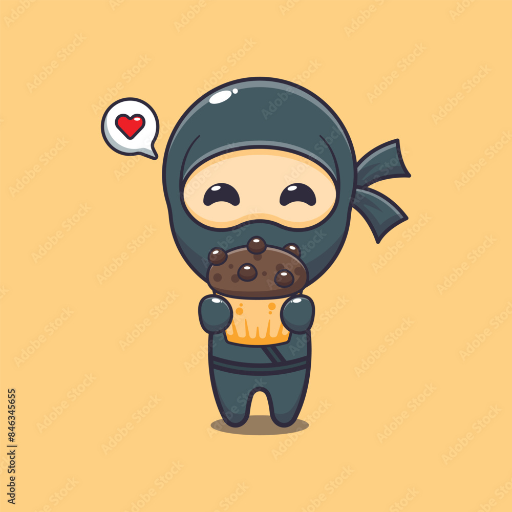 Cute ninja with cup cake cartoon vector illustration Cute ninja with cup cake cartoon vector illustration