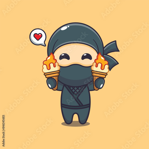 Cute ninja with ice cream cartoon vector illustration