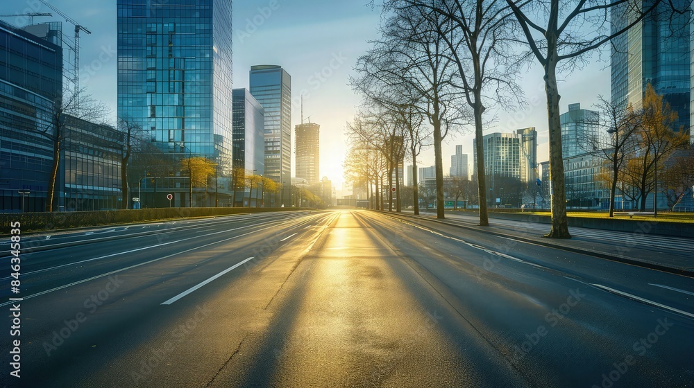 A deserted city highway at sunrise, with gleaming glass buildings on one side and a row of mature trees casting long shadows on the other, symbolizing the blend of nature and urban life. A deserted city highway at sunrise, with gleaming glass buildings on one side and a row of mature trees casting long shadows on the other, symbolizing the blend of nature and urban life.