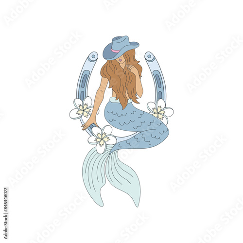 Cowgirl mermaid sitting on horseshoe vector illustration. Coastal Western pre-made card 