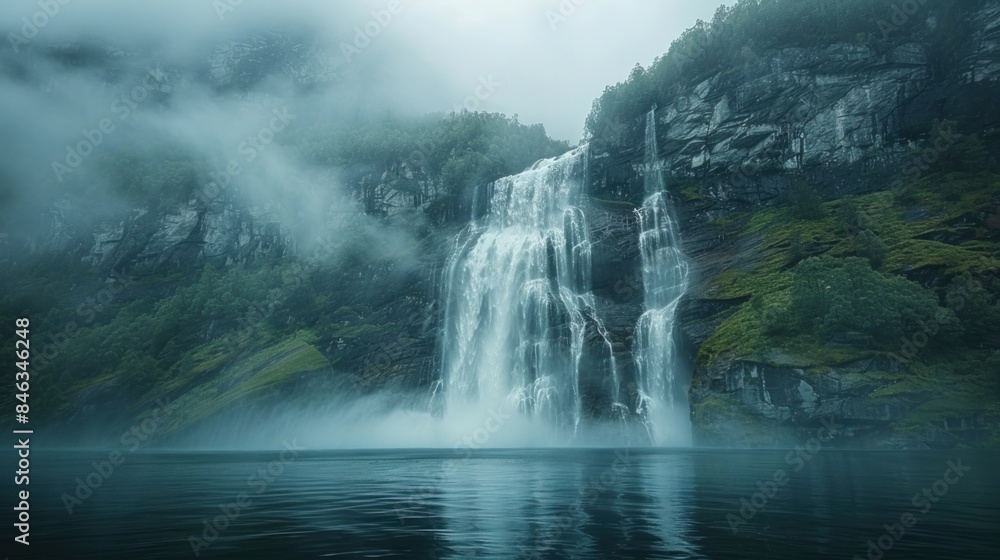 Aerial view of the dramatic scenery and fjords around the Seven Sisters Waterfall in Geiranger, Norway Aerial view of the dramatic scenery and fjords around the Seven Sisters Waterfall in Geiranger, Norway
