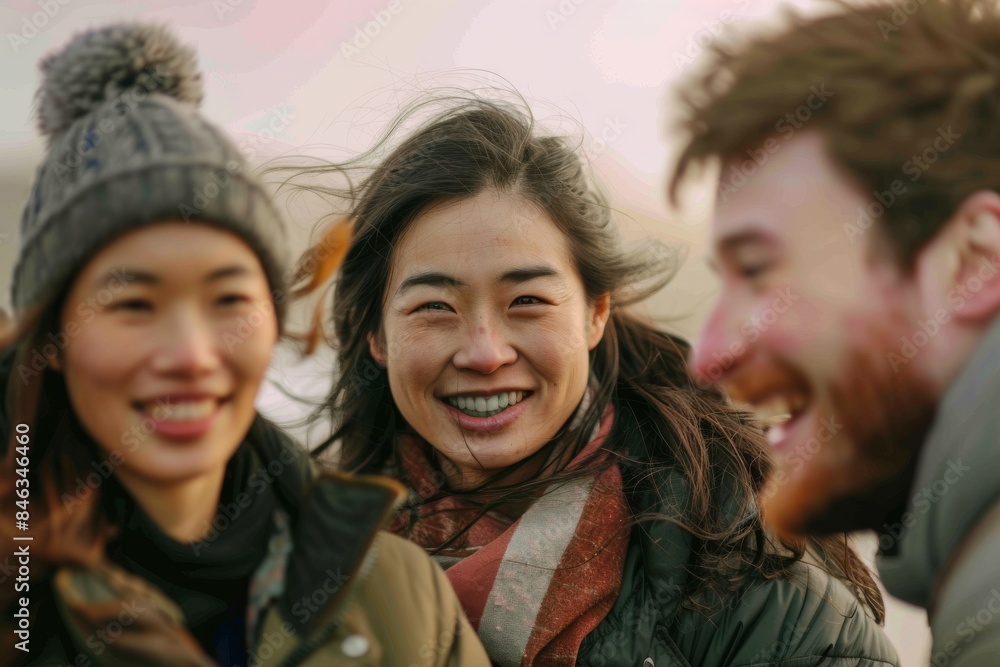 Group of friends having fun on the beach in winter, lifestyle concept Group of friends having fun on the beach in winter, lifestyle concept
