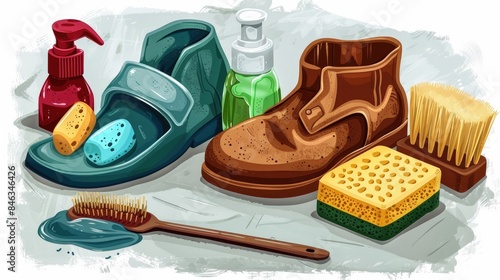 Illustration of a shoe shine kit including brushes sponges and shoe polish depicted in a 2d graphic photo