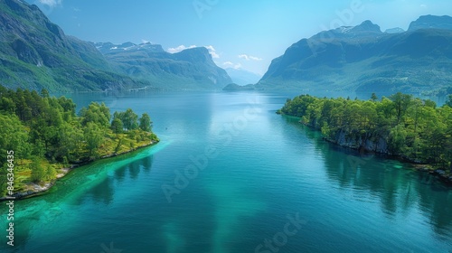 Aerial view of the Sognefjord, Norway's longest and deepest fjord, with clear blue waters © 2D_Jungle