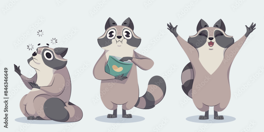 Cute racoon cartoon character in different poses. Vector funny wild animal with various face emptions - sitting confused and thoughtful, happy or welcome with paws up, standing and eating chips snack. Cute racoon cartoon character in different poses. Vector funny wild animal with various face emptions - sitting confused and thoughtful, happy or welcome with paws up, standing and eating chips snack.
