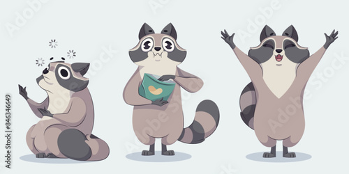 Cute racoon cartoon character in different poses. Vector funny wild animal with various face emptions - sitting confused and thoughtful, happy or welcome with paws up, standing and eating chips snack.