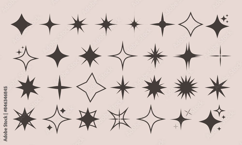 Retro futuristic sparkle icons collection. Set of star shapes. Abstract cool shine effect sign vector design. Templates for design, posters, projects, banners, logo, and business cards Retro futuristic sparkle icons collection. Set of star shapes. Abstract cool shine effect sign vector design. Templates for design, posters, projects, banners, logo, and business cards