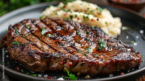  A tight shot of a sizzling steak on a plate, surrounded by fluffy mashed potatoes Garnishes gracefully arranged to the side