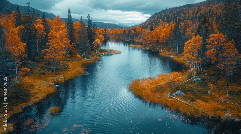 Stunning aerial view of the vibrant autumn colors in Rondane National Park, Norway Stunning aerial view of the vibrant autumn colors in Rondane National Park, Norway