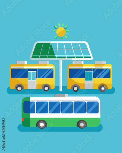 The integration of solar panels on the roofs of electric buses providing a clean and renewable source of energy to power their engines.. Vector illustration photo