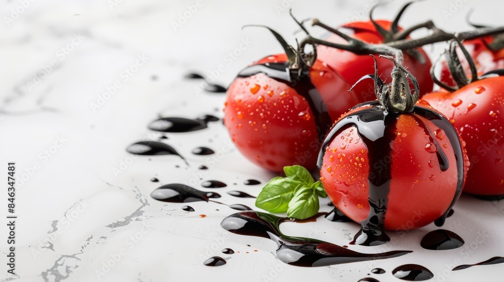A group of tomatoes atop a table, smothered in black sauce, and dressed with a green drizzle of leaves A group of tomatoes atop a table, smothered in black sauce, and dressed with a green drizzle of leaves