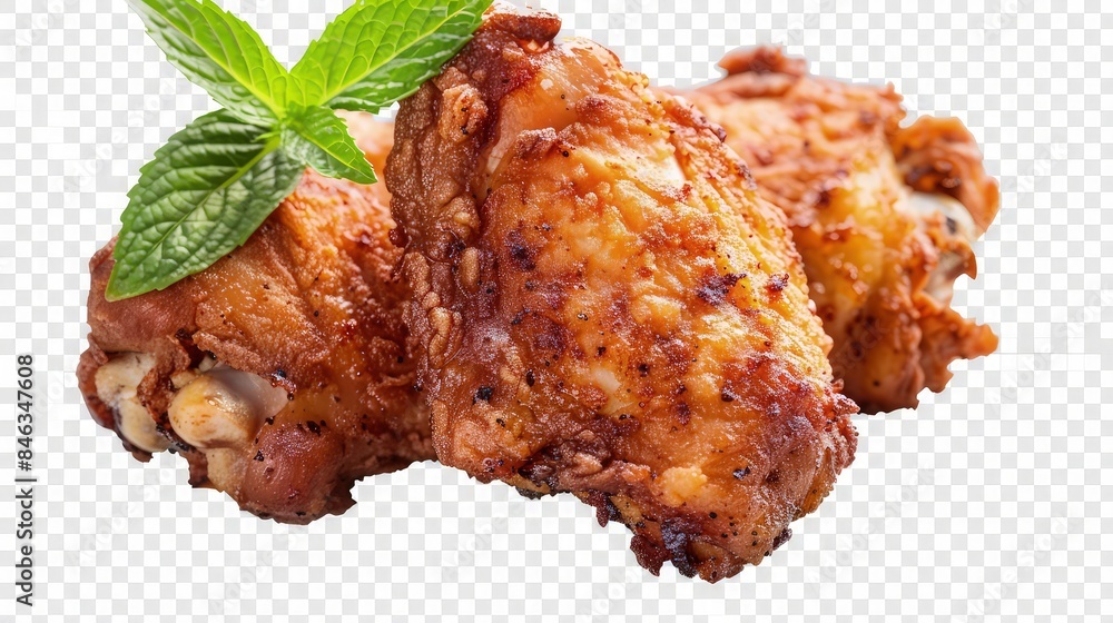 A fried chicken thigh with a perfectly seasoned crust, presented on a transparent background. A mint green leaf gently rests on the chicken, adding a subtle hint of color and freshness. A fried chicken thigh with a perfectly seasoned crust, presented on a transparent background. A mint green leaf gently rests on the chicken, adding a subtle hint of color and freshness.