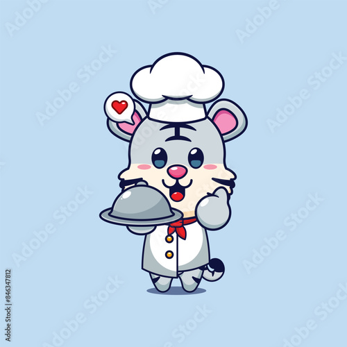 Cute chef white tiger with dish cartoon vector illustration