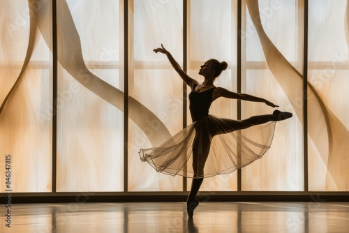 Elegant ballet dancer in a sunlit room, showcasing grace and poise in a serene and artistic environment 