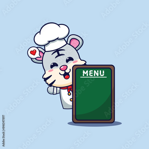 Cute chef white tiger with menu board cartoon vector illustration