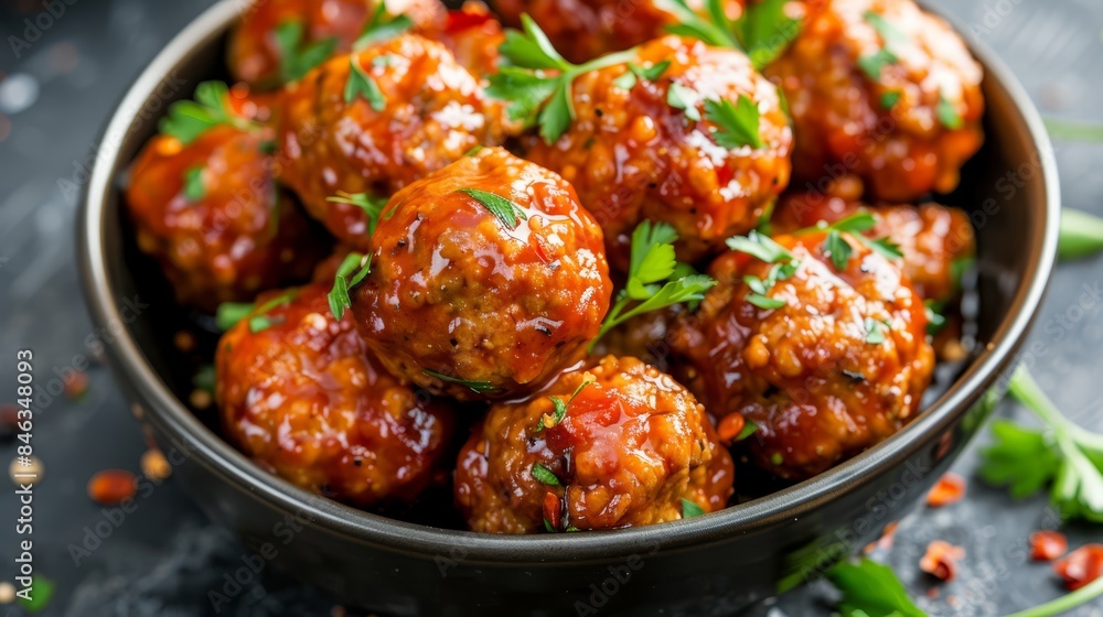 A table bears a bowl brimming with meatballs bathed in savory sauce, crowned by parsley A table bears a bowl brimming with meatballs bathed in savory sauce, crowned by parsley
