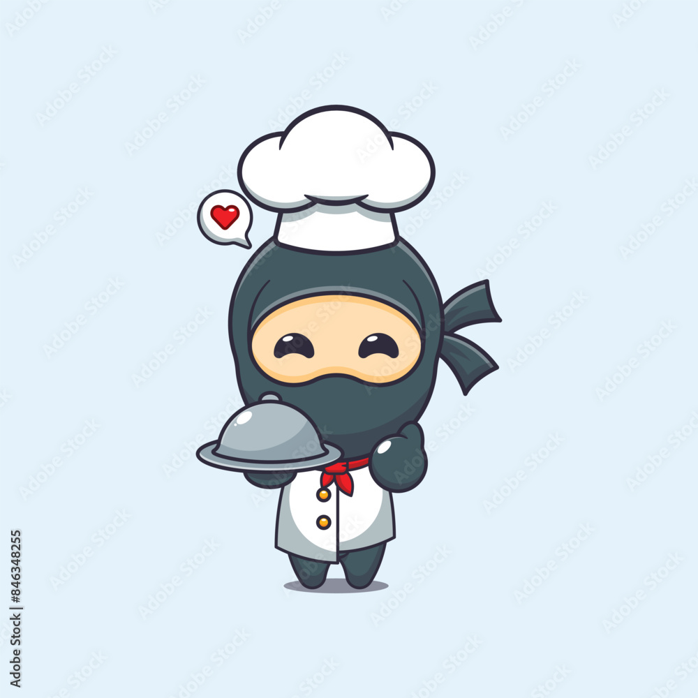 Cute chef ninja with dish cartoon vector illustration