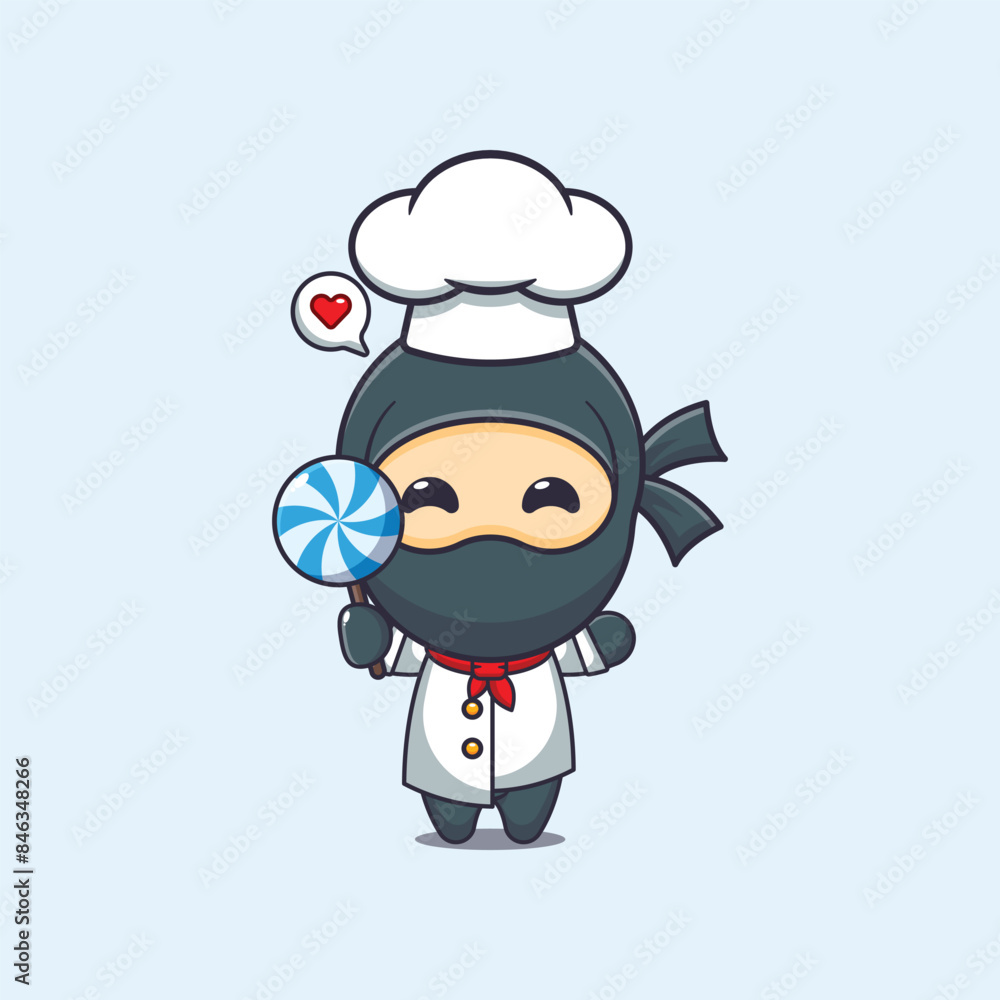 Cute chef ninja holding candy cartoon vector illustration Cute chef ninja holding candy cartoon vector illustration