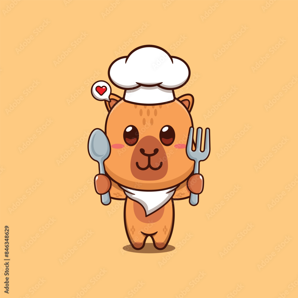Cute chef capybara holding spoon and fork cartoon vector illustration Cute chef capybara holding spoon and fork cartoon vector illustration