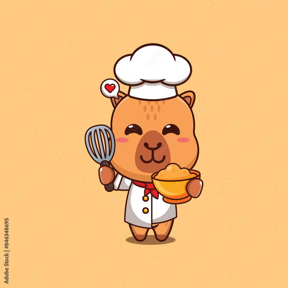 Cute chef capybara making cake batter cartoon vector illustration Cute chef capybara making cake batter cartoon vector illustration