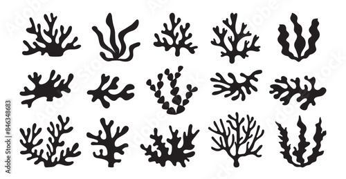 Set of sea corals and seaweed black silhouette. Aquarium plants, underwater ocean flora, algae. Vector illustration isolated on white background.