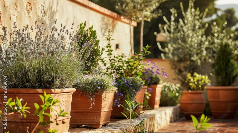 A lush Tuscan-inspired backyard featuring terracotta planters filled with fragrant lavender and rosemary, set against a backdrop of warm, textured stone walls.