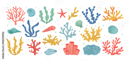 Set of coral and seaweed. Hand drawn aquarium plants, underwater ocean flora, seashell, algae, starfish. Vector marine plants and animals of the seabed. Flat cartoon illustration.