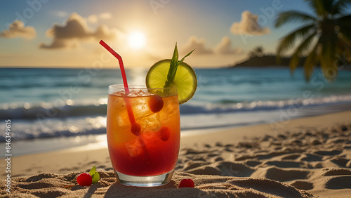 cocktail glass on the beach, cocktail glass sits on the sandy beach, framed by the ocean waves and a stunning sunset. photo