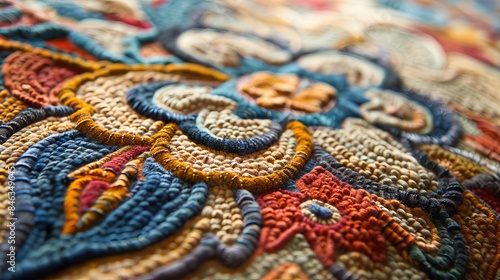 "Close-up view capturing the intricate design detail of a handmade carpet, showcasing the craftsmanship and beauty of the traditional artistry." © Mahmud