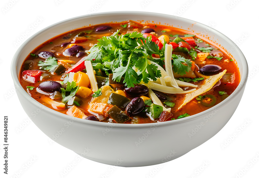 Mexican veggie and tortilla soup in a white ceramic bowl PNG Mexican veggie and tortilla soup in a white ceramic bowl PNG