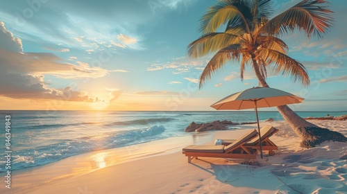 A beautiful tropical beach with two sunbeds and an umbrella on white sand under a palm tree at sunset  a summer vacation concept. Generative AI.