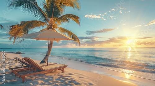 Fototapeta Naklejka Na Ścianę i Meble -  A beautiful tropical beach with two sunbeds and an umbrella on white sand under a palm tree at sunset, a summer vacation concept. Generative AI.