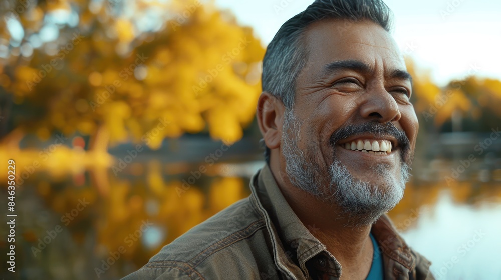 A man with a big smile on his face is standing in front of a tree A man with a big smile on his face is standing in front of a tree