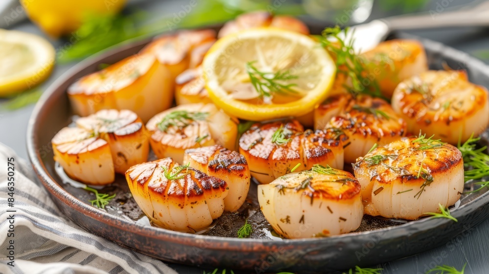 A tight shot of a plate featuring scallops, lemon wedges, and a side garnish A tight shot of a plate featuring scallops, lemon wedges, and a side garnish