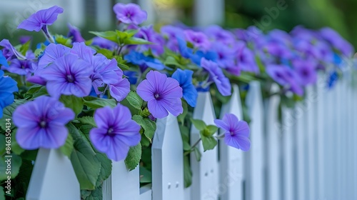  A vibrant heliotrope plant growing along a white picket fence